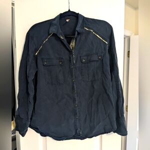 Free People Navy and Gold Button Front Shirt